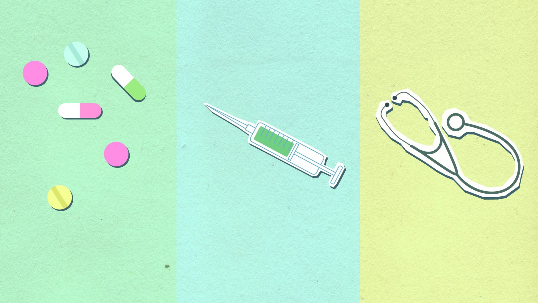 Top view of decorative cardboard appliques representing assorted medications near syringe with vaccine and stethoscope — Pept