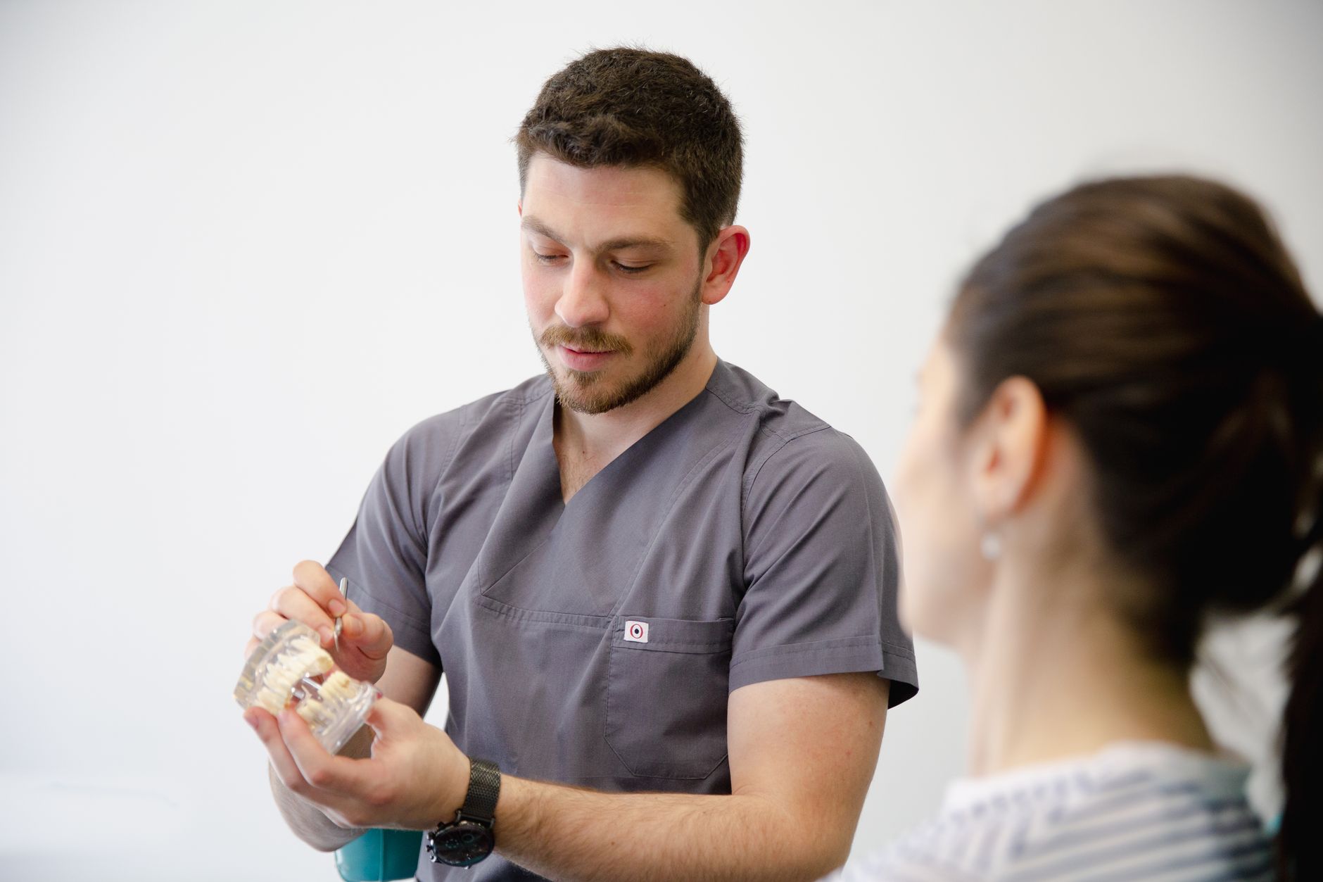 Dentist demonstrating dental model to a patient during a consultation. — The advantages of Dental Insurance Plans Coverage