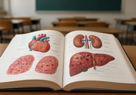 Open anatomy textbook displaying illustrations of the human heart, kidneys, and liver in a classroom setting