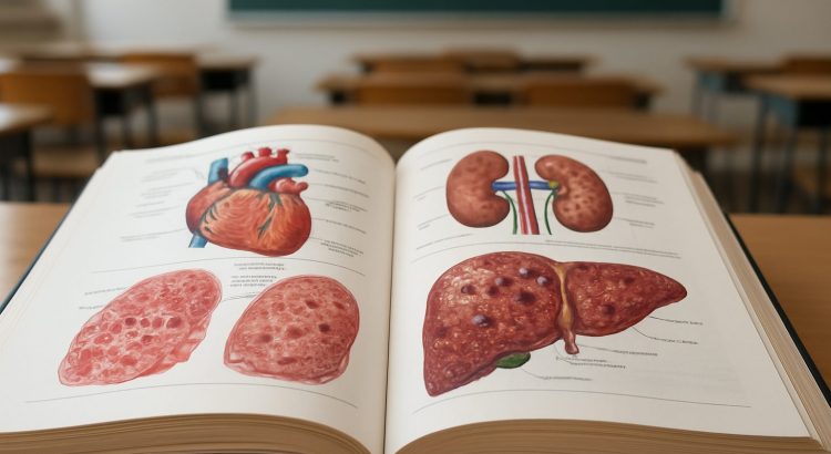Open anatomy textbook displaying illustrations of the human heart, kidneys, and liver in a classroom setting