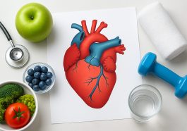 Illustration of a human heart surrounded by healthy foods and fitness items, emphasizing heart health.