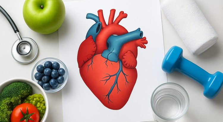 Illustration of a human heart surrounded by healthy foods and fitness items, emphasizing heart health.